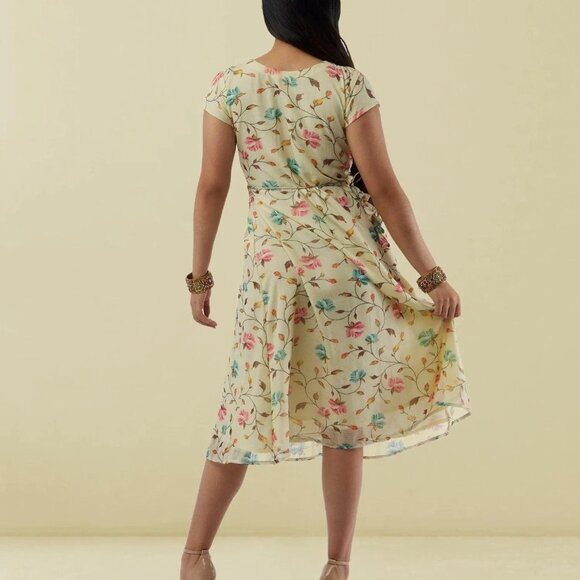 Cream Printed Chiffon Knee-Length Wrap Dress | Muvvas Boutique - Picture 4 of 4